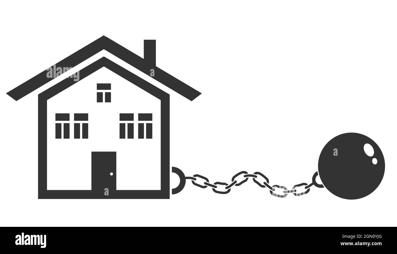 Vector icon of house with metal shackles. Vector illustration of home with shackles. Stop Coronavirus. Stock Vector