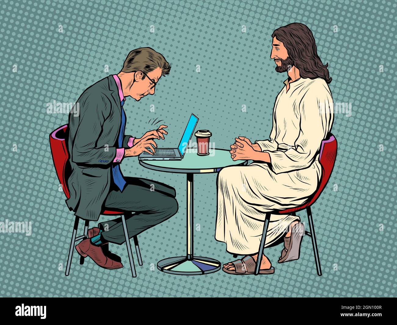 Jesus is waiting for you, savior and busy man at the table. Christianity and religion, preaching and faith Stock Vector