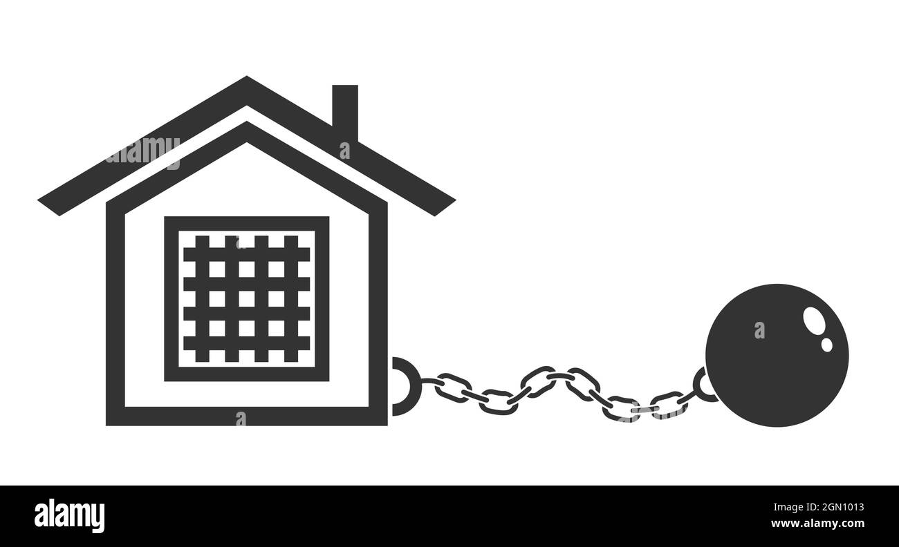 Vector icon of house with metal shackles. Vector illustration of prison with shackles. Stop Coronavirus. Stock Vector
