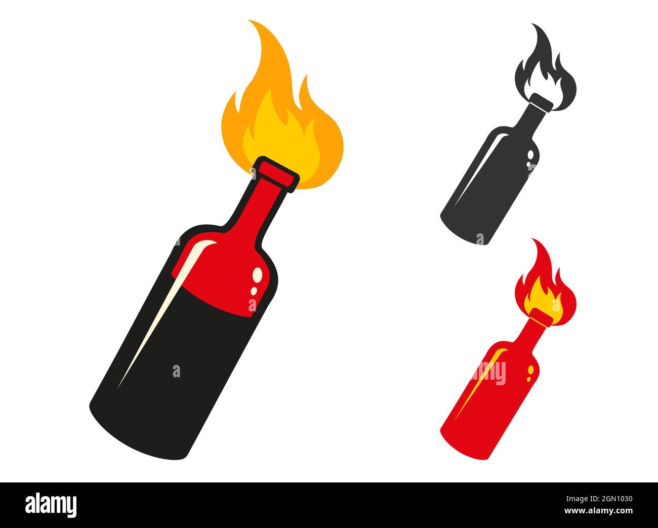 Vector set icons of cocktail Molotov. Vector illustration of bottle on fire. Protest. Stock Vector