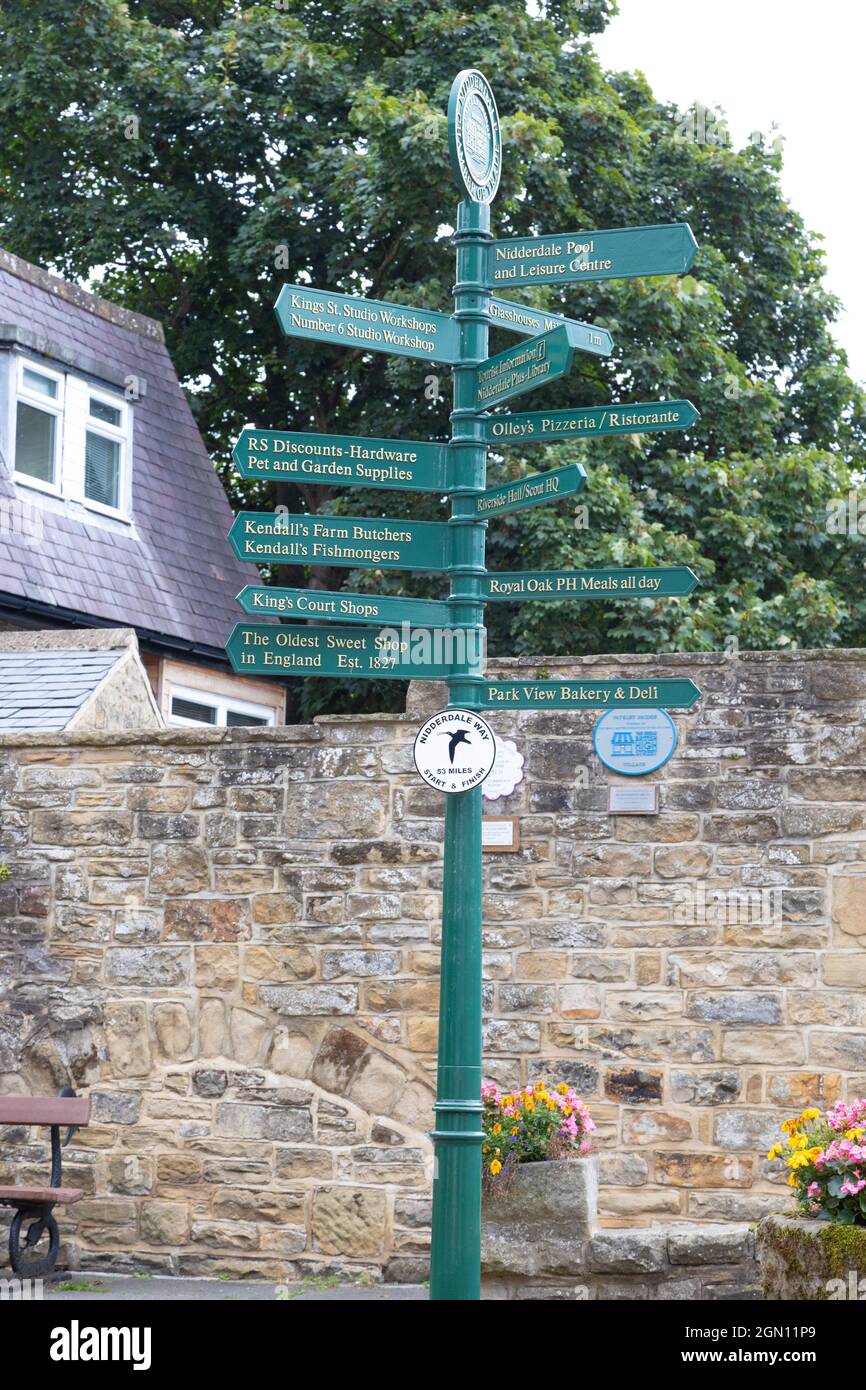 Pateley Bridge North Yorkshire. A sign post in the town. Stock Photo
