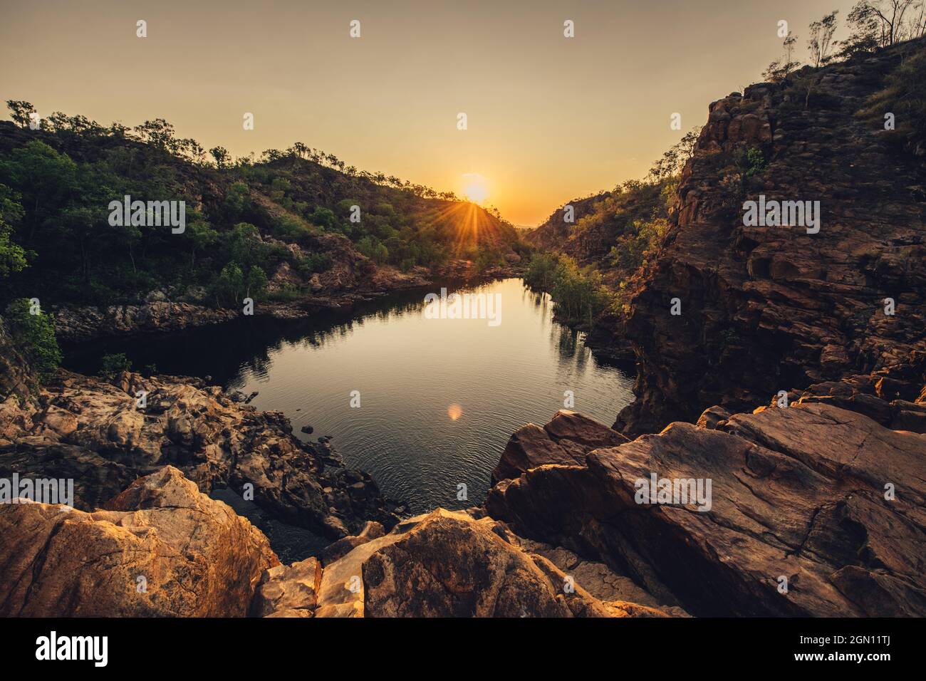 Edith Falls in Nitmiluk National Park; Kathrine; Northern Territory; Australia; Oceania; Waterfall at sunset; In the middle of the outback in Australi Stock Photo