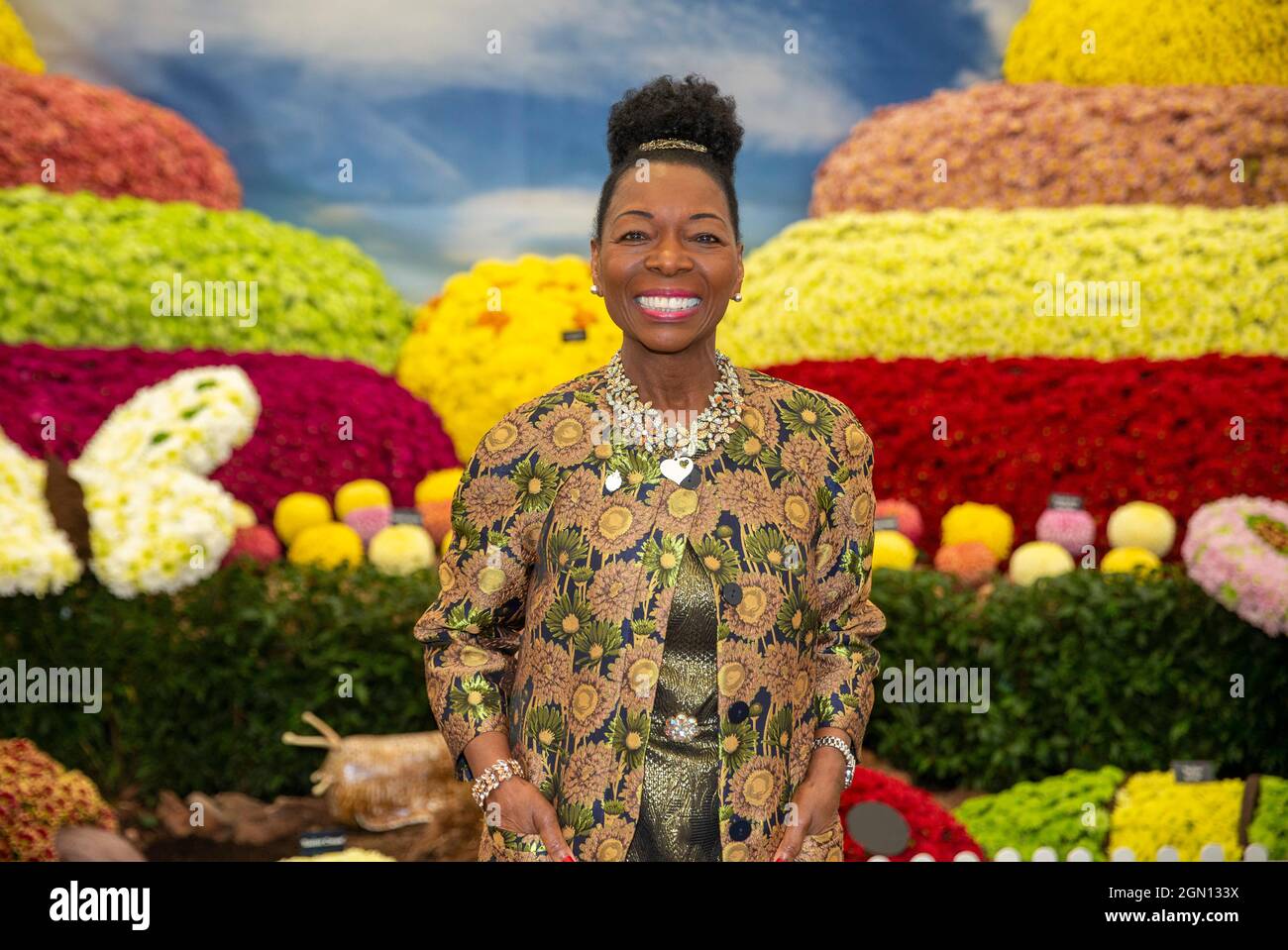 Businesswoman presenter and singer Floella Benjamin at the RHS Chelsea flower show. Lady Benjamin was introduced to the House of Lords in 2010. Stock Photo