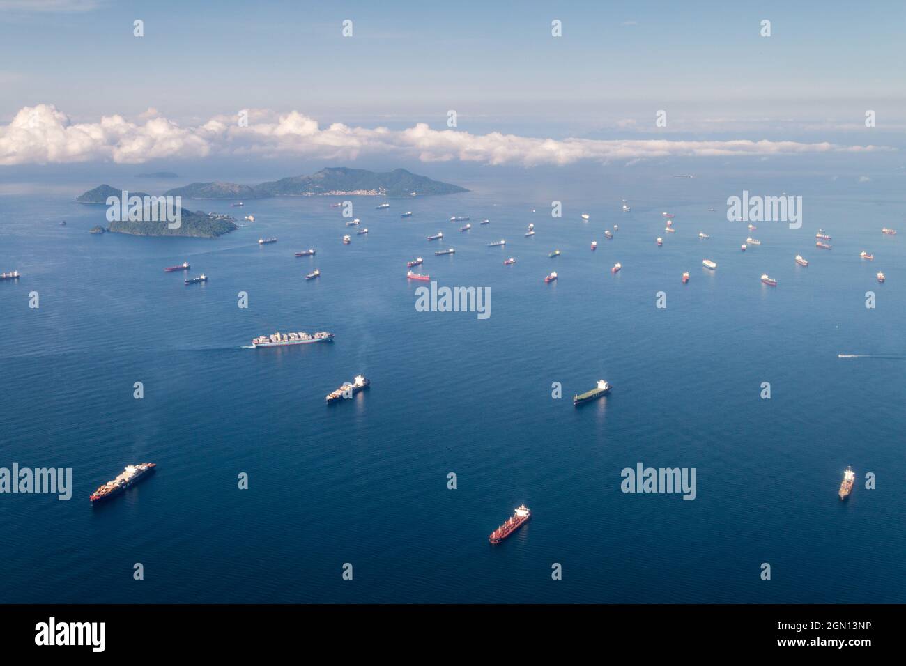 PANAMA CITY, PANAMA - SEPTEMBER 25, 2015: Cargo ships waiting to cross