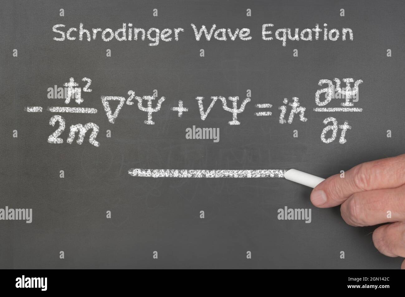 A teacher explains to students the principles Schrodinger's linear partial differential wave function equation, a key element of quantum mechanics. Stock Photo