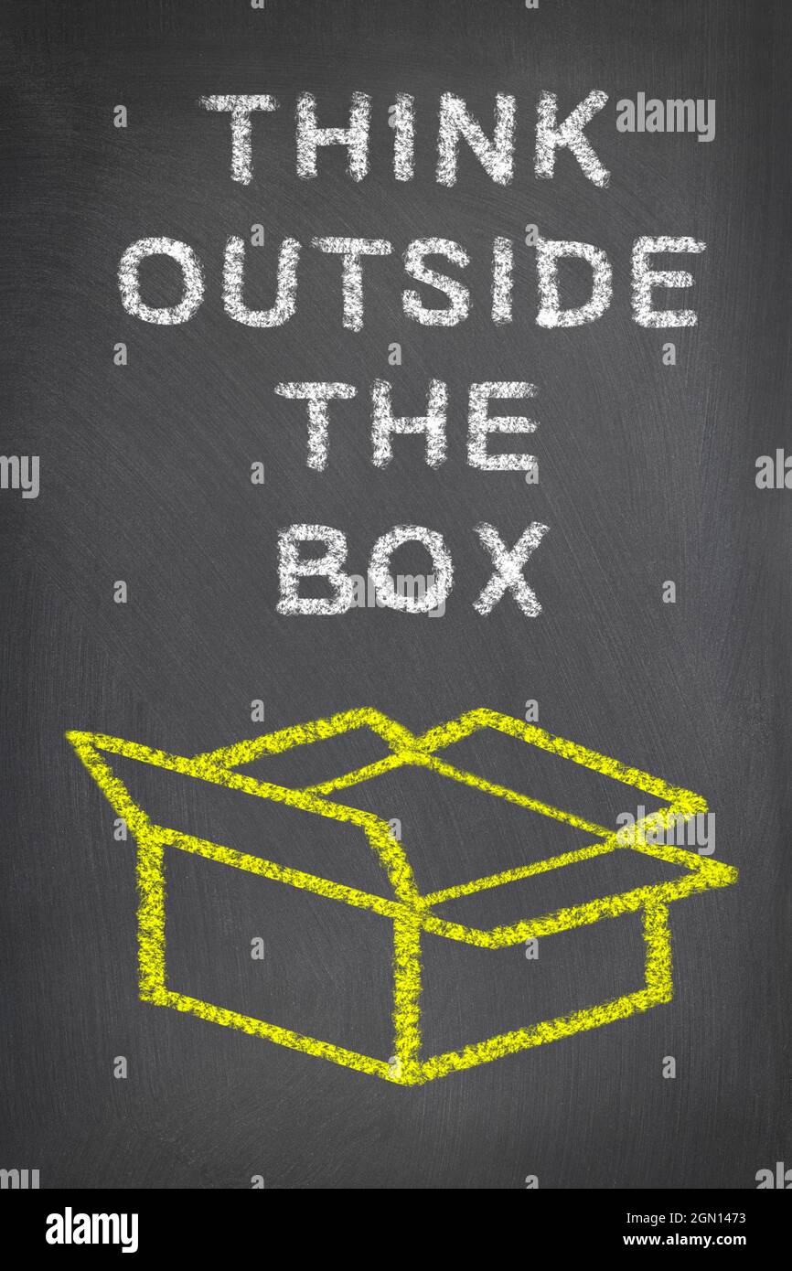 Chalkboard with think outside the box written on it and is intended to be used as messaging for creativity and breaking the status quo for businesses, Stock Photo