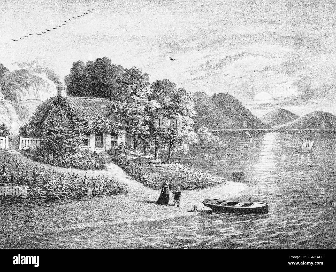 A view of an Irish  lakeside thatched cottage. Created circa 1878 by American artist, Herman Bencke; its title is 'Francis Murphy's home in Ireland'. Stock Photo