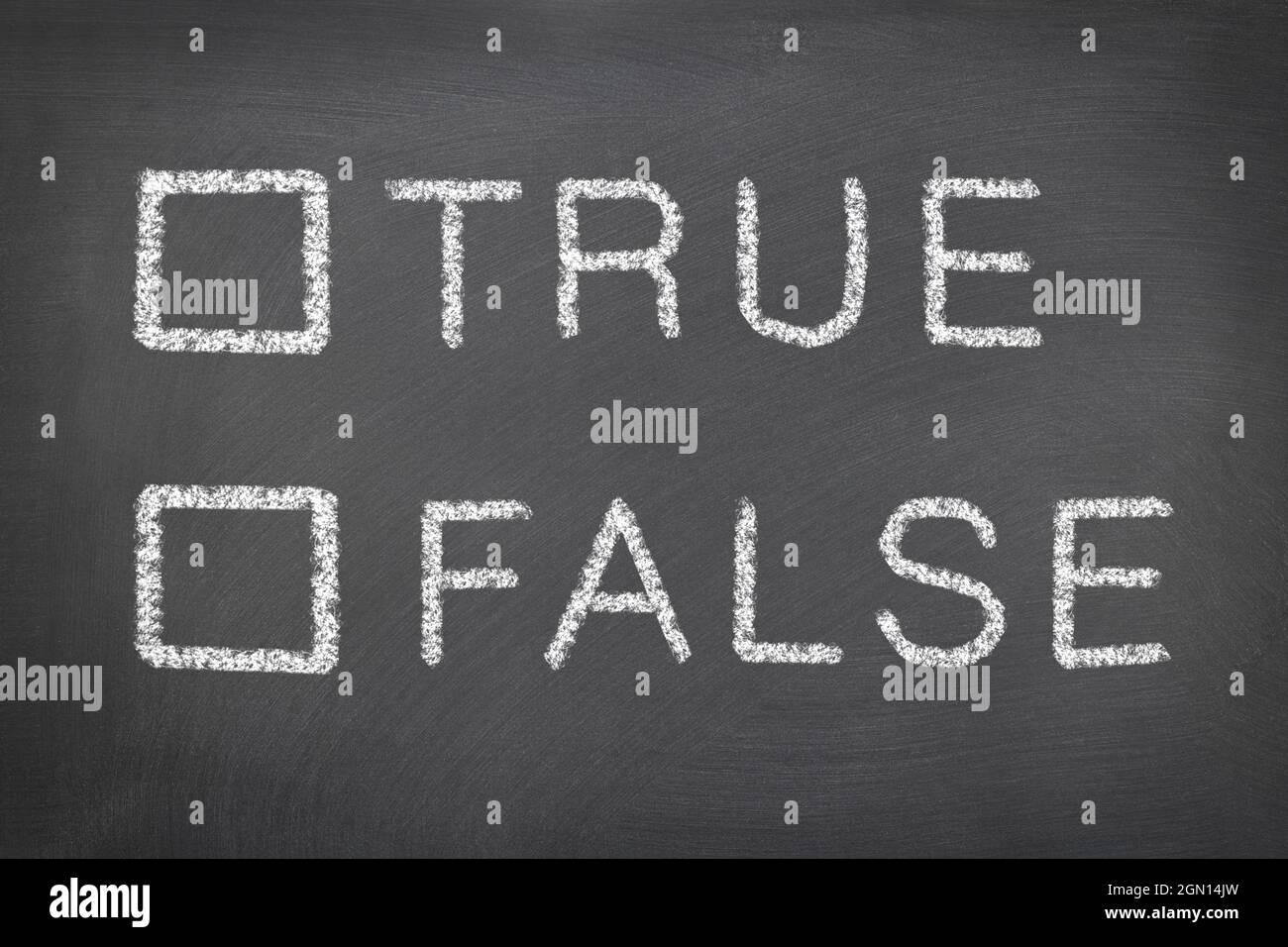 Diagram on written on a chalkboard to check mark true or false of any issue. Stock Photo