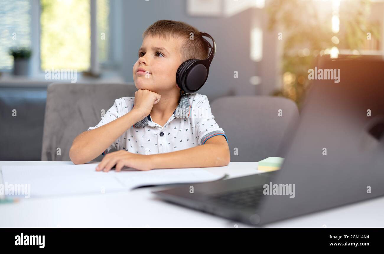 Schoolboy using laptop for studying Stock Photo