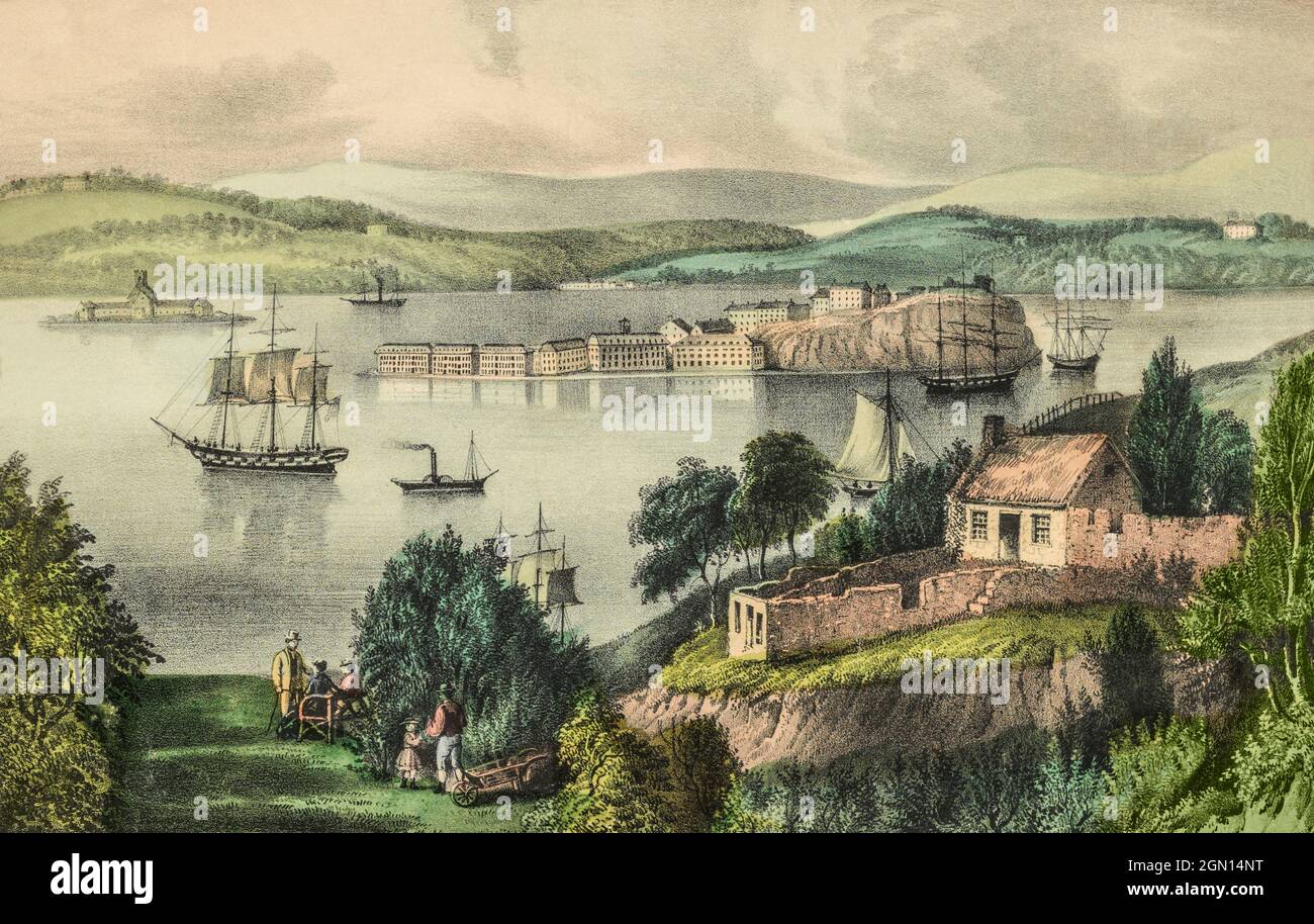 A 19th century view of The Cove, Harbour and Haulbowline Naval base in County Cork, Ireland. The town located on the south side of Great Island in Cork Harbour, was renamed by the British as 'Queenstown' from 1849 until 1920 when it became known as Cobh. Created circa 1880 by an anonymous artist. Stock Photo