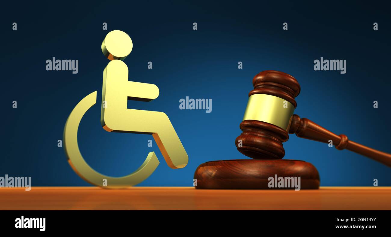 Disability law, social services and legal acts for disabled people concept with a judge gavel and a wheelchair icon 3D illustration. Stock Photo