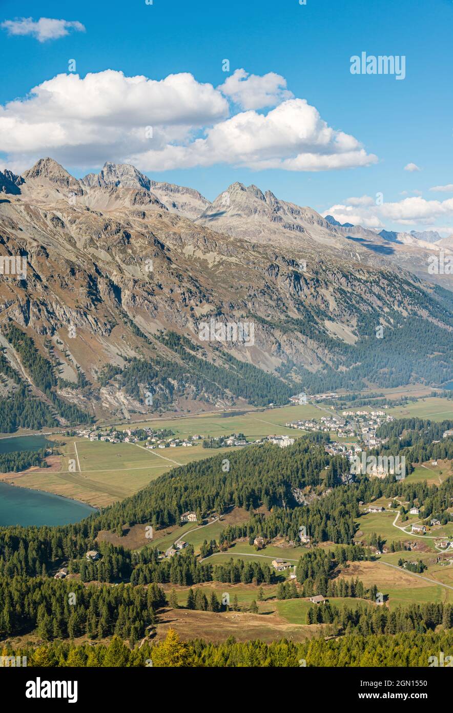 View from Furtschellas at Engadine Valley torwards Sils Maria, Grisons, Switzerland Stock Photo