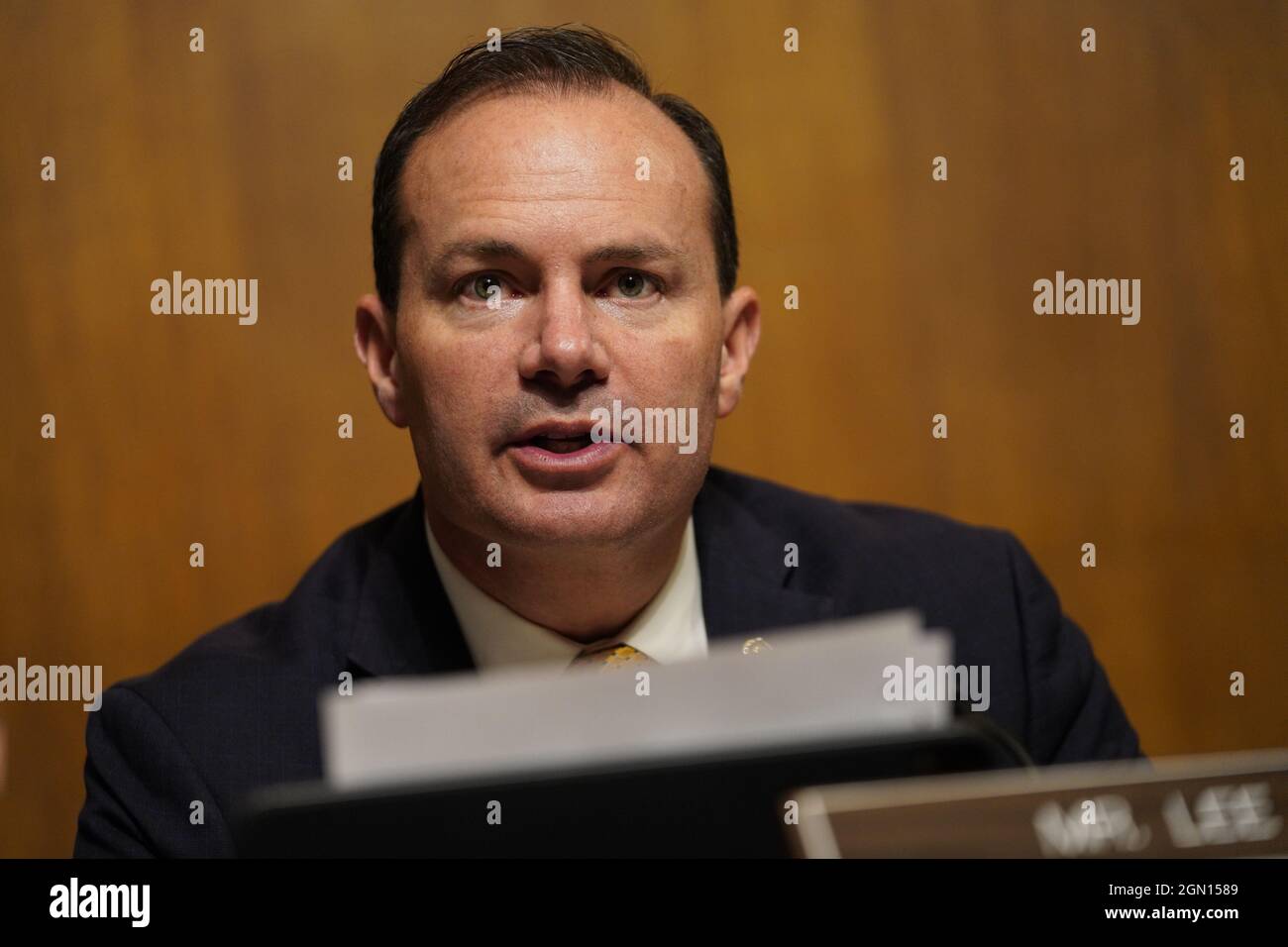 Washington, United States. 21st Sep, 2021. Senator Mike Lee (R-UT) and ranking member of the Senate Judiciary Subcommittee on Competition Policy, Antitrust, and Consumer Right speaks at Senate Judiciary Subcommittee on Tuesday, Sept. 21, 2021 in Washington, DC. The hearing is titled 'Big Data, Big Questions: Implications for Competition and Consumers. Pool Photo by Ting Shen/UPI Credit: UPI/Alamy Live News Stock Photo