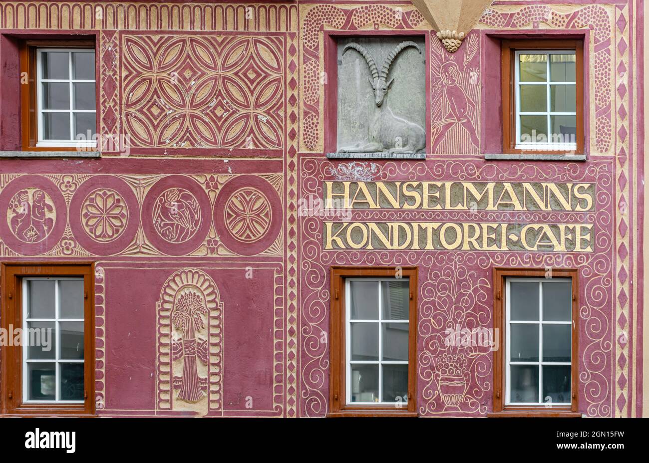 Sgraffito ornaments at the shop front of the Confectioner Hanselmann in St.Moritz, Switzerland Stock Photo