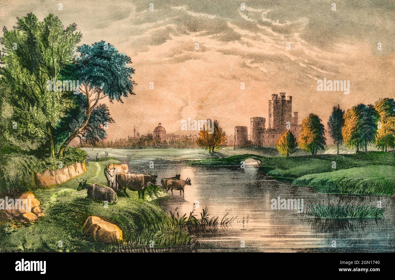 A 19th century sketch  created circa 1880 by an anonymous artist of cattle beside a river and castle created circa 1880 by an anonymous artist and entitled 'A Scene in Old Ireland'. N.B. The location is not identified, but while I can't be definitive, the view bears a striking similarity to the River Boyne as it flows passed Trim Castle in County Meath. Stock Photo