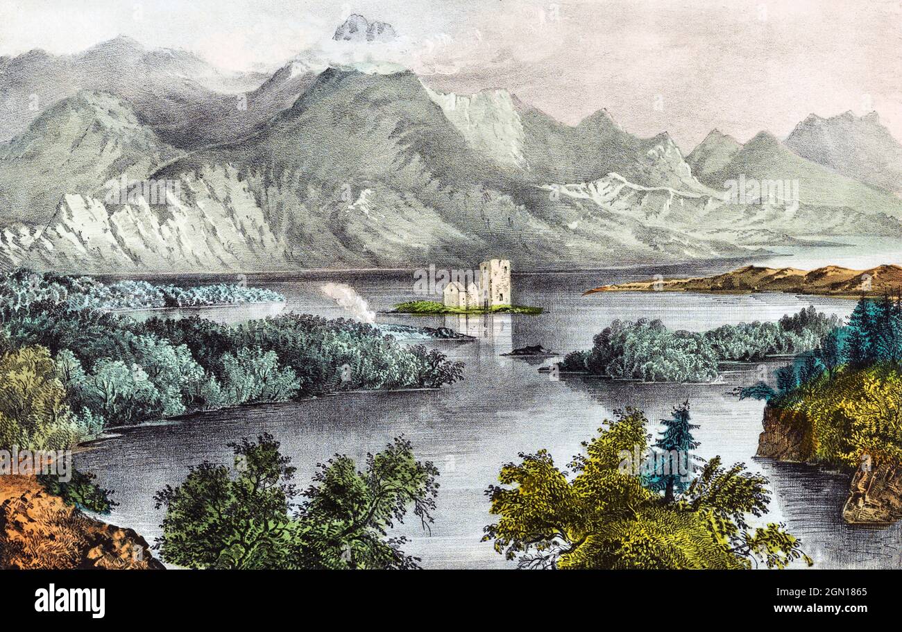 A 19th century sketch created circa 1880 by an anonymous artist,  of Ballynahinch located in the Connemara Region of County Galway, Ireland. Ballynahinch Castle, built in 1684 for the Martyn family, has been replaced by a country house, now a luxury hotel. It lies on the edge of Ballynahinch Lake and Ballynahinch River, and is directly overlooked by the Twelve Bens mountain range. Stock Photo