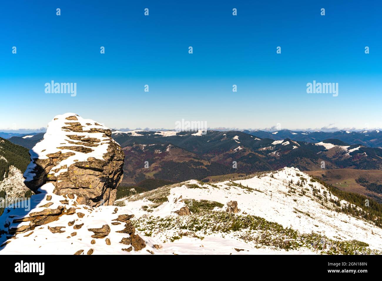 Landscapes of the Carpathian Mountains, covered with large stone ledges in Ukraine, near the village of Dzembronya Stock Photo