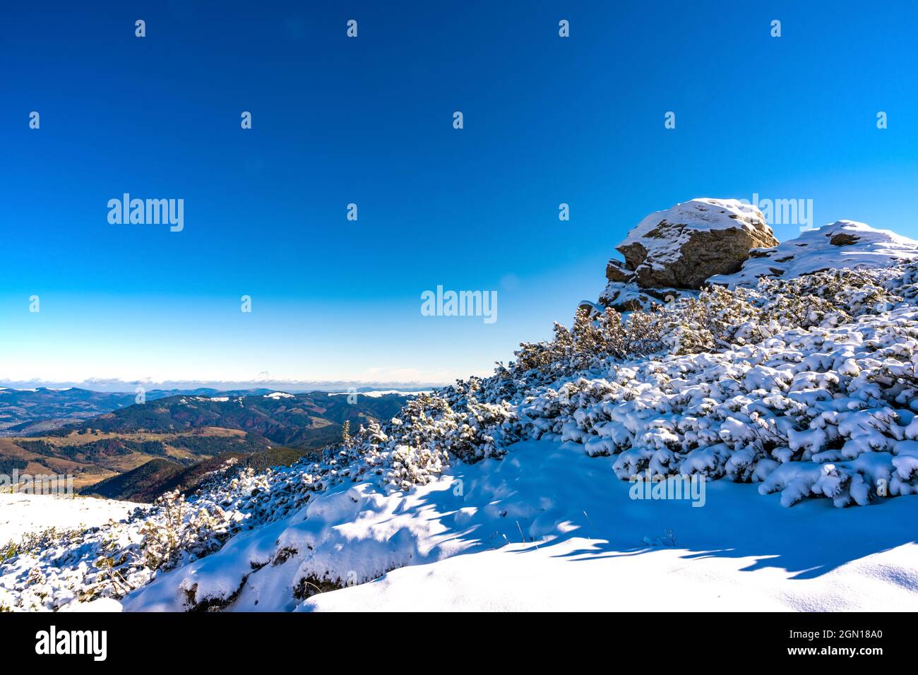 Landscapes of the Carpathian Mountains, covered with large stone ledges in Ukraine, near the village of Dzembronya Stock Photo