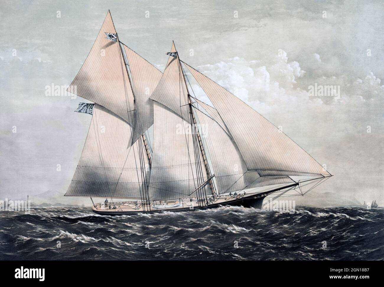 A 19th century sketch of the yacht "Dauntless" created circa 1869 by an anonymous artist for her owner and commander James G Bennett Jnr, vice commodore of the New York Yacht Club. It left New York 28th June 1869 and arrived at Queenstown, in County Cork, Ireland 12.75 days later on July 11th. Pictured off Queenstown, the town was later renamed in 1920 when it became known as Cobh. Stock Photo