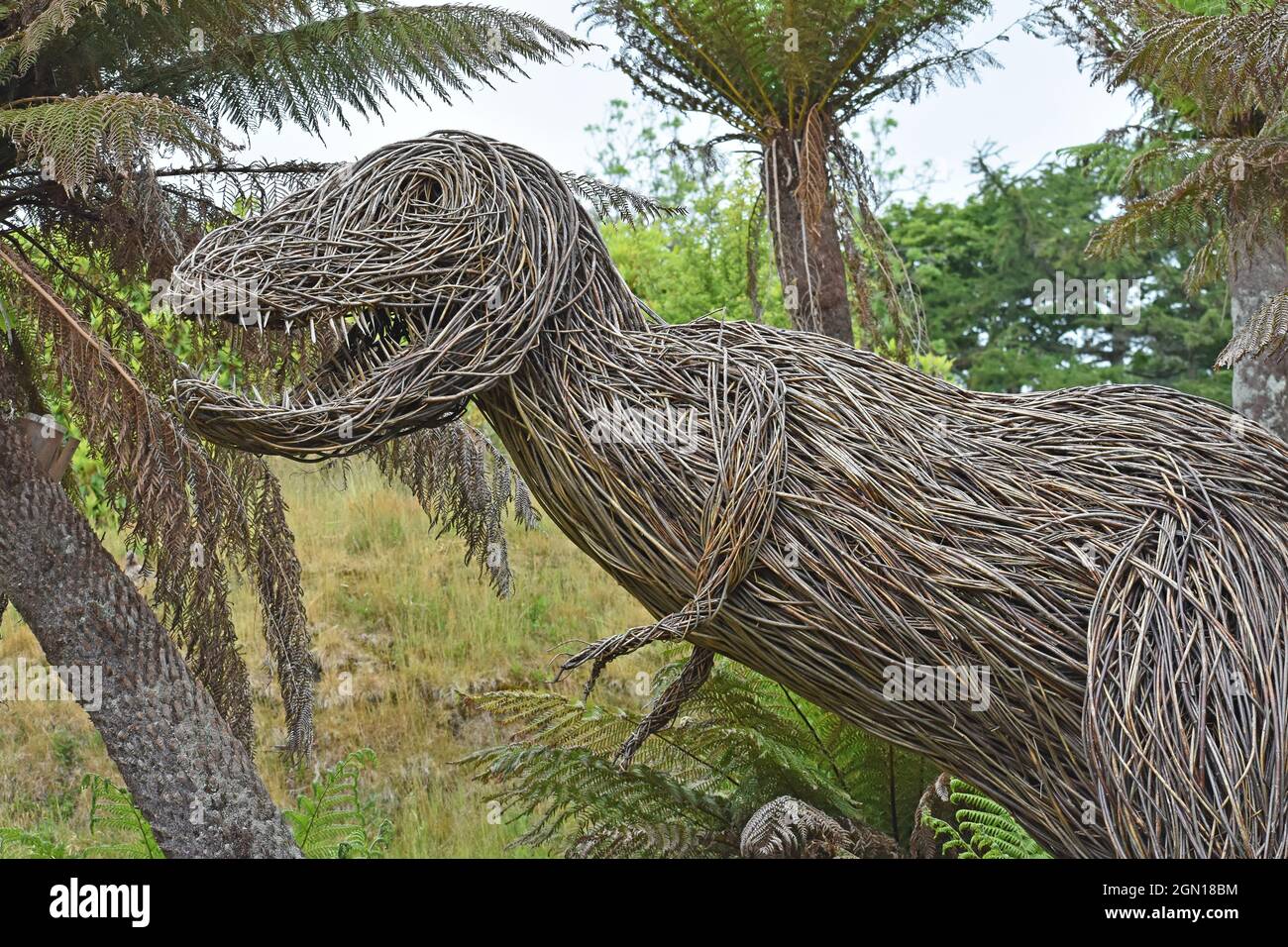 T Rex Willow Sculpture, Logan Botanic Gardens, Scotland Stock Photo