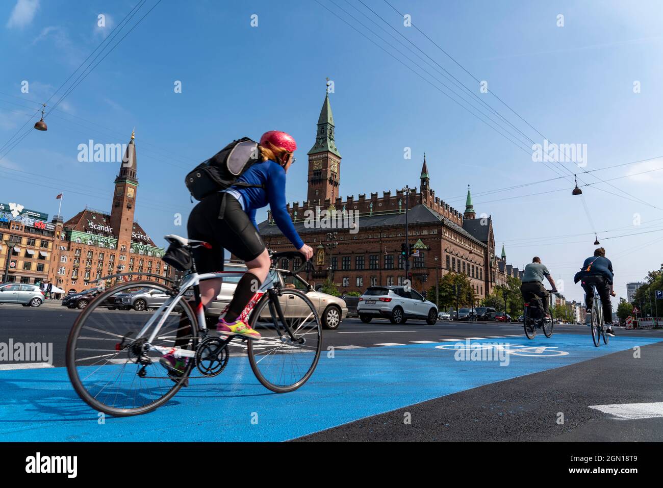 Cyclists on cycle paths, Radhuspladsen, City Hall Square, in downtown Copenhagen, is considered the cycling capital of the world, 45% of residents tra Stock Photo