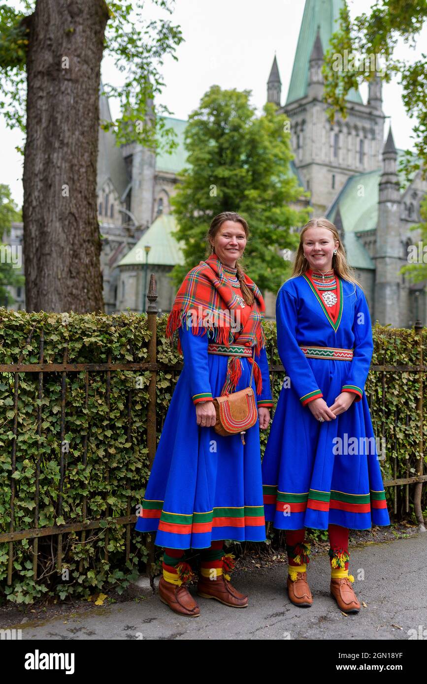 Sami in costume in front of the cathedral, Trondheim, Norway Stock Photo