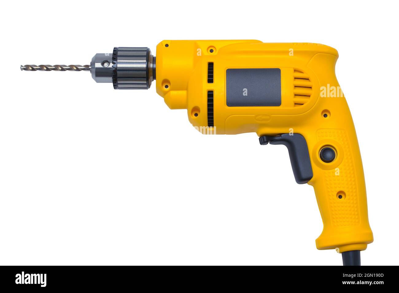 Yellow Power Drill Cut Out on White. Stock Photo