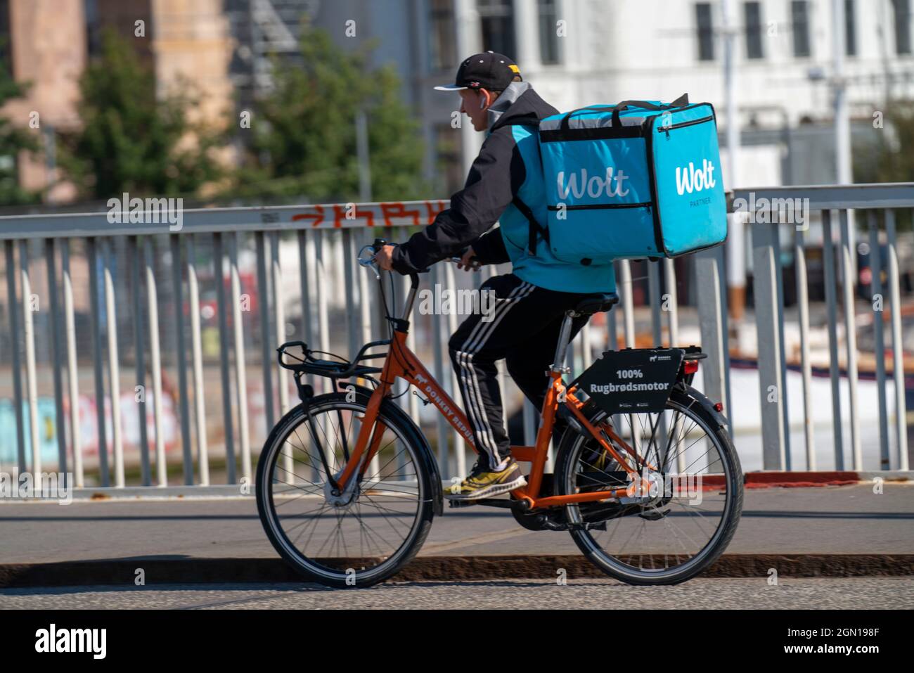 Bicycle delivery service Wolt, for food, food from restaurants, Copenhagen, Denmark, Stock Photo