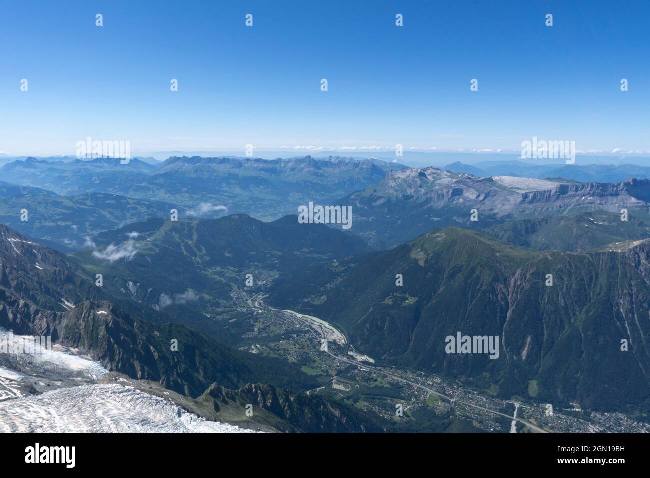 Aerial view from aiguille du midi on European Alps and Chamonix in the ...