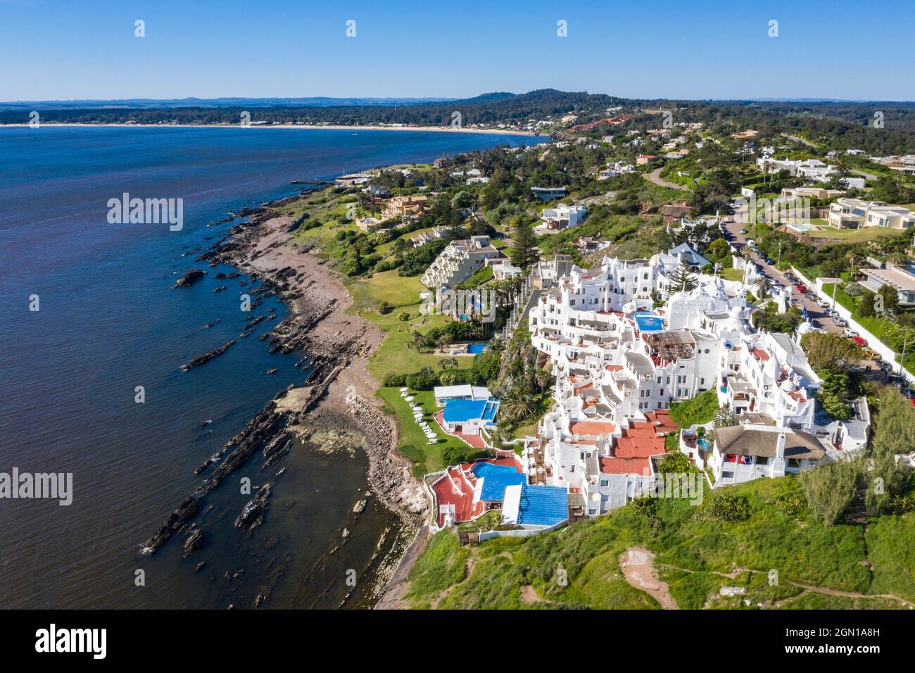 Aerial view of Casapueblo Hotel and Gallery by artist Carlos Paez Vilaro in Punta Ballena, Punta del Este, Maldonado Department, Uruguay, South Americ Stock Photo