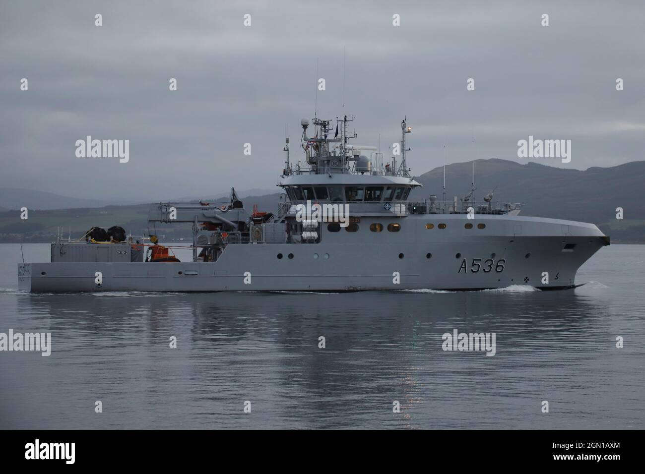 KNM Olav Tryggvason (A536), a Reine-class patrol vessel operated by the Royal Norwegian Navy, passing Greenock on the Firth of Clyde, prior to participating in the military exercises Dynamic Mariner 2021 and Joint Warrior 21-2. Stock Photo