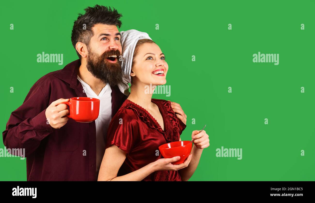 Happy couple having breakfast. Relationship, romantic, love, affection concept. Coffee in morning. Copy space. Stock Photo