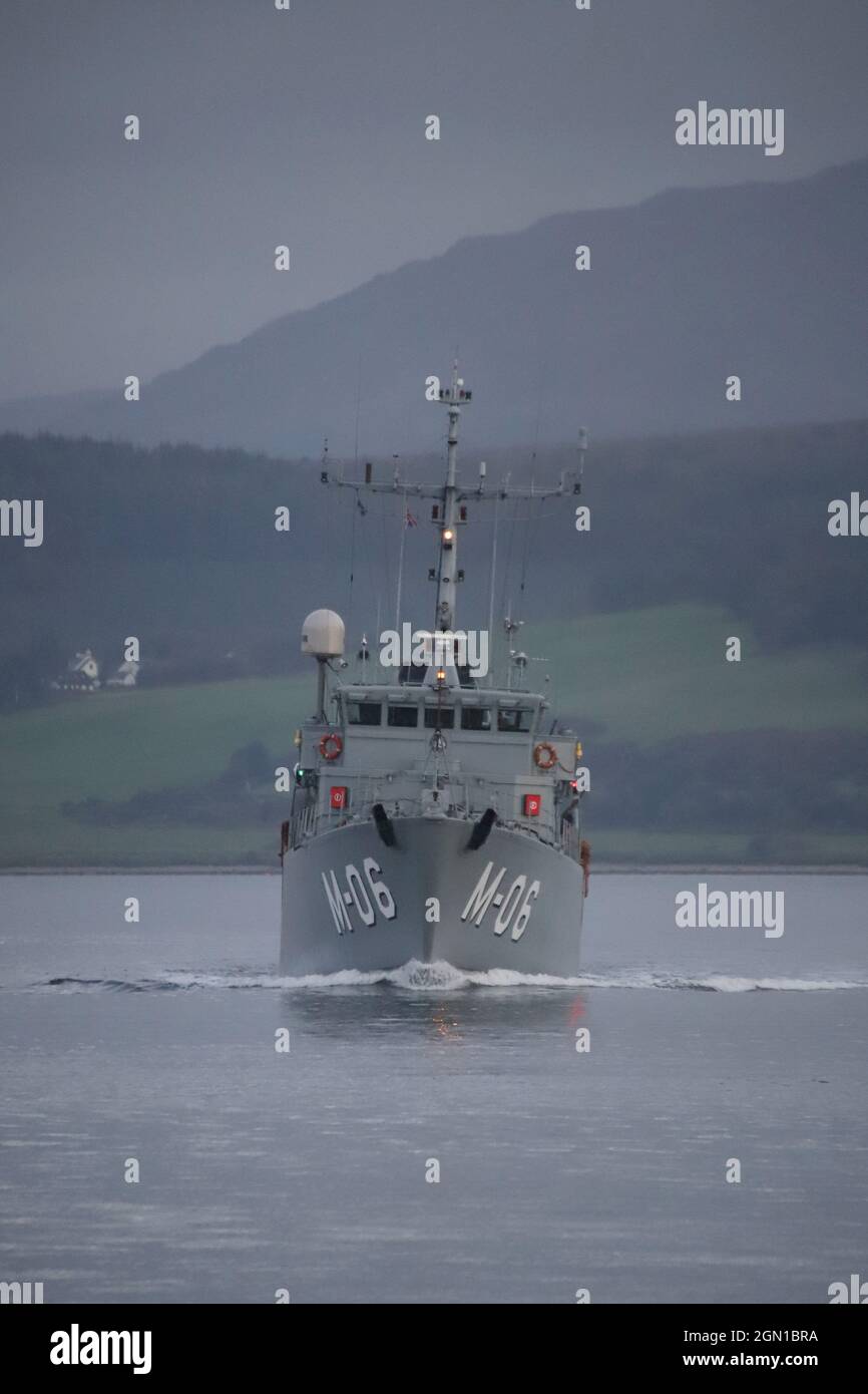 LVNS Talivaldis (M-06), an Alkmaar-class (Tripartite) minehunter operated by the Latvian Navy, passing Greenock on the Firth of Clyde, prior to participating in the military exercises Dynamic Mariner 2021 and Joint Warrior 21-2. This vessel once served in the Royal Netherlands Navy before being decommissioned and sold to Latvia. Stock Photo