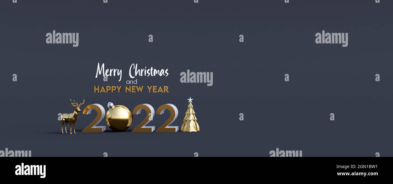 Merry Christmas and Happy New Year 2022 greeting card. Black background with copy space 3d render 3d illustration Stock Photo