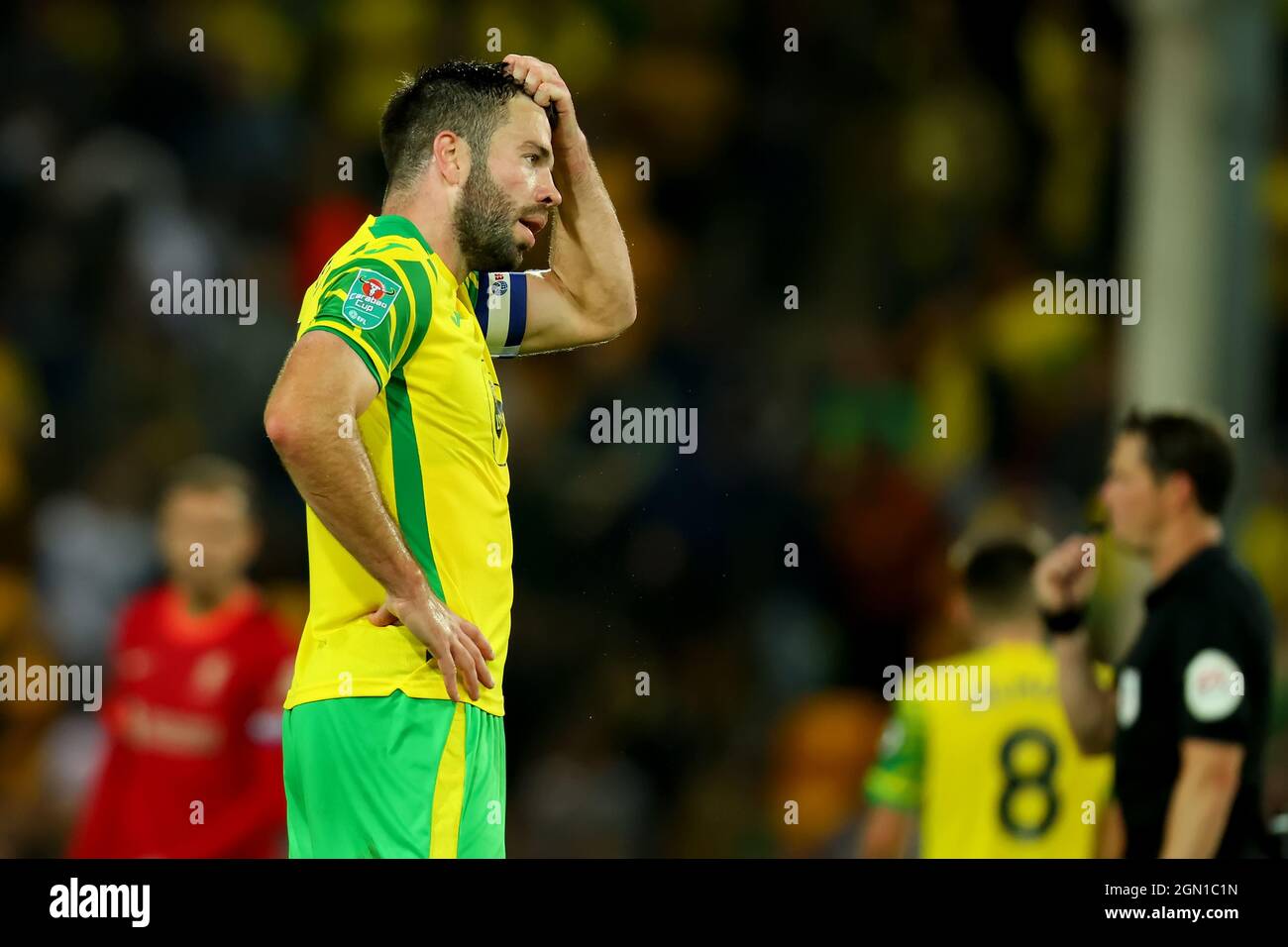 Carrow Road, Norwich, UK. 21st Sep, 2021. EFL Cup Footballl Norwich City versus Liverpool; A dejected looking Grant Hanley of Norwich City after the 0-3 loss Credit: Action Plus Sports/Alamy Live News Stock Photo