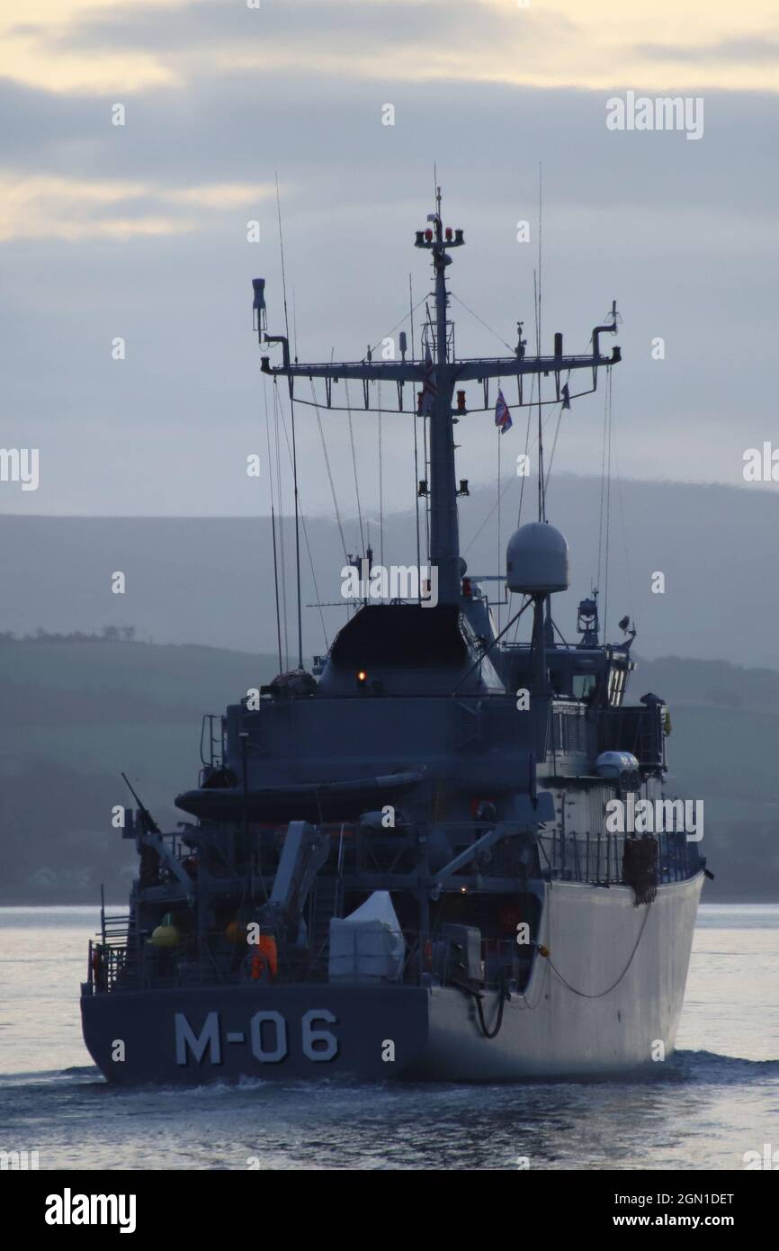 LVNS Talivaldis (M-06), an Alkmaar-class (Tripartite) minehunter operated by the Latvian Navy, passing Greenock on the Firth of Clyde, prior to participating in the military exercises Dynamic Mariner 2021 and Joint Warrior 21-2. This vessel once served in the Royal Netherlands Navy before being decommissioned and sold to Latvia. Stock Photo