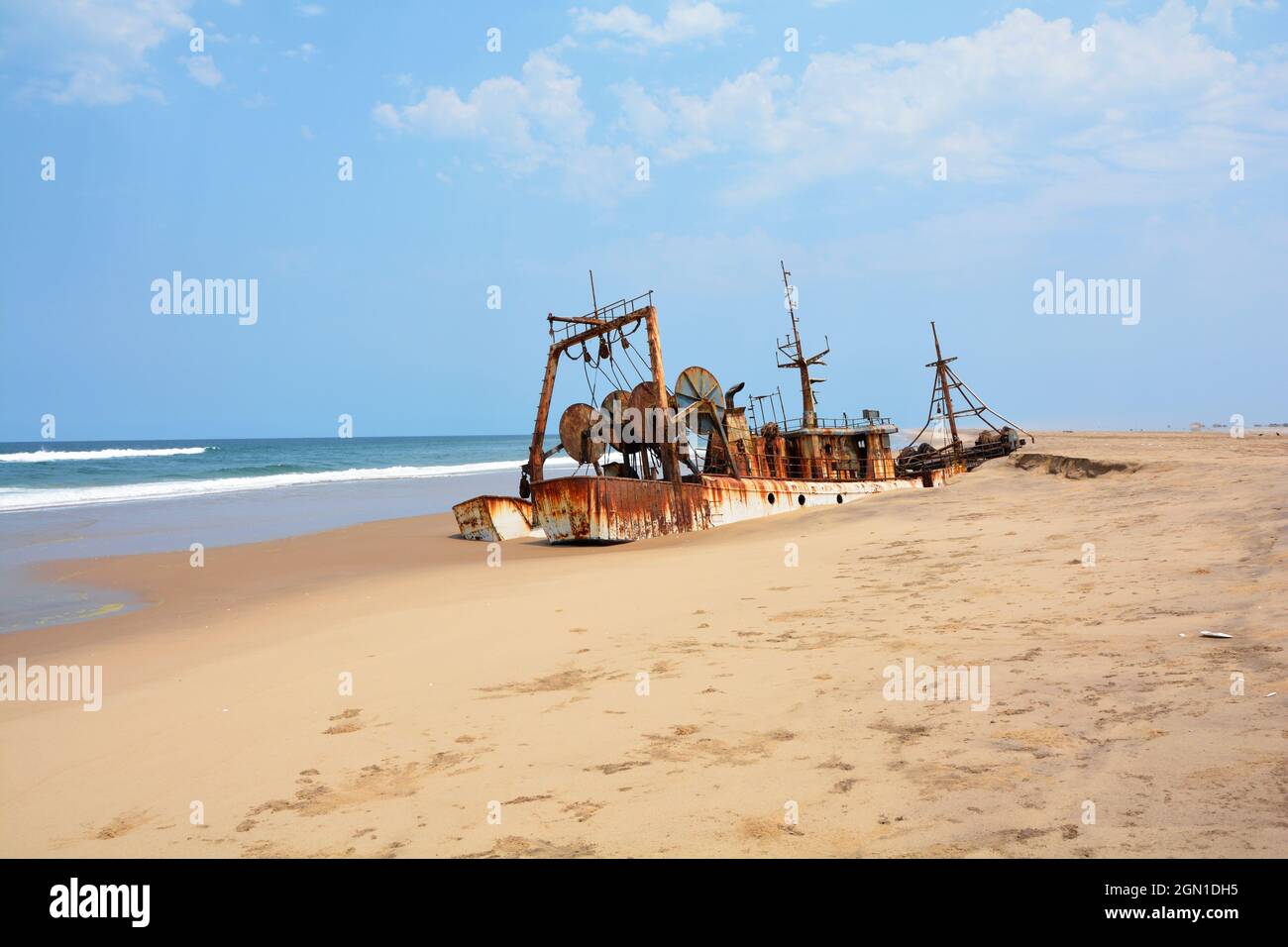 Angola; in the southern part of Namibe Province; northern part of the Namib Desert; Atlantic coast; Wreck of a stranded ship Stock Photo