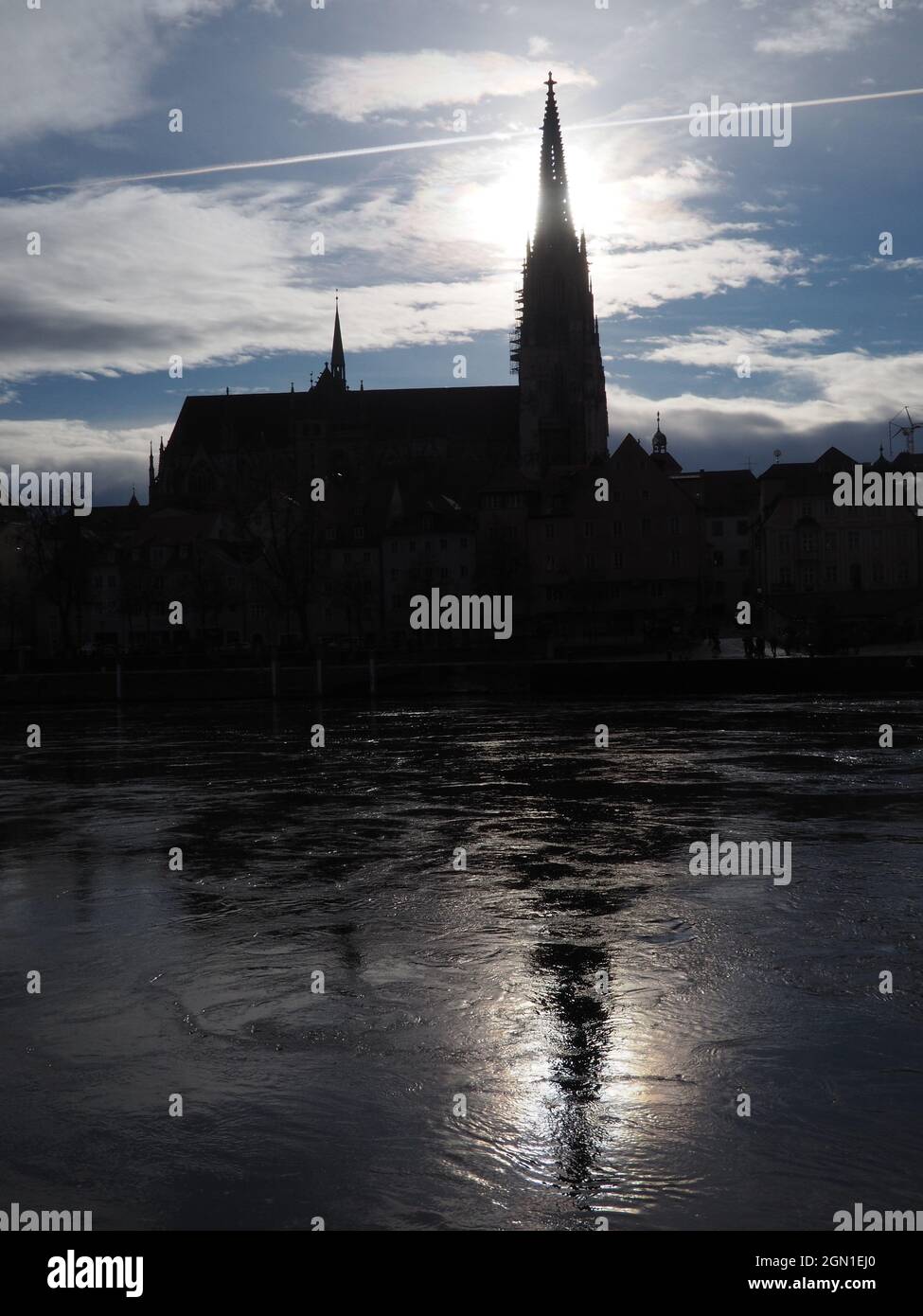 Sunny Sunday in Regensburg, Germany. View to the St. Peter's Cathedral Stock Photo