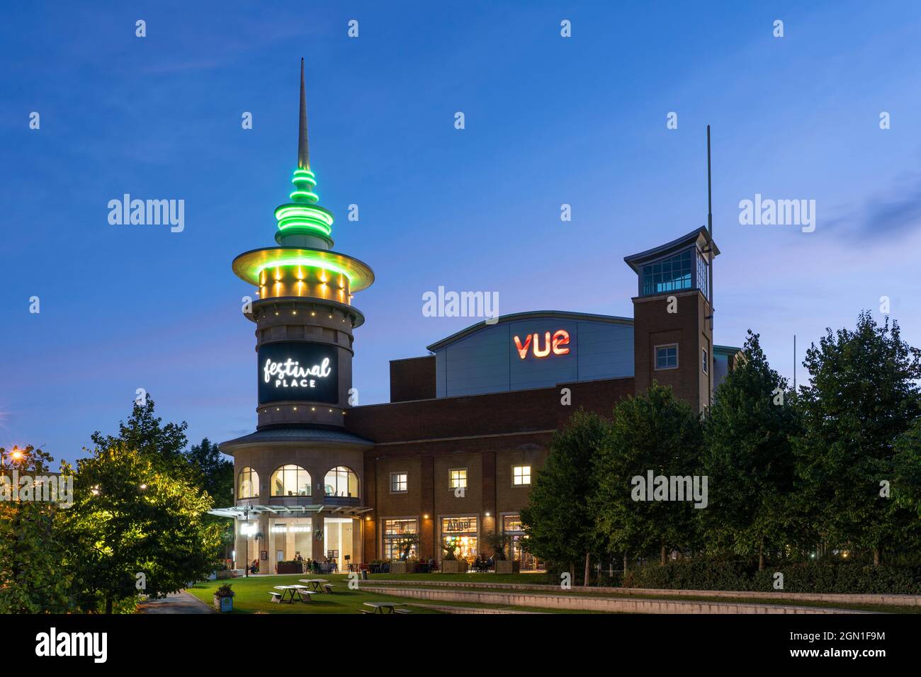 A distinctive illuminated tower of Festival Place shopping centre, Vue