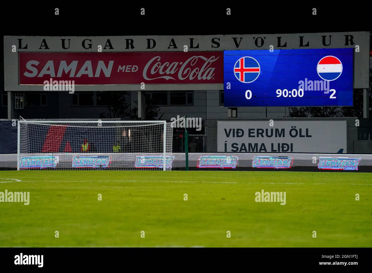 REYKJAVIK, ICELAND - SEPTEMBER 21: Scoreboard of Laugardalsvollur during the 2023 FIFA Women's World Cup Qualifying Round Group C match between Iceland and Netherlands at Laugardalsvollur on September 21, 2021 in Reykjavik, Iceland (Photo by Andre Weening/Orange Pictures) Stock Photo