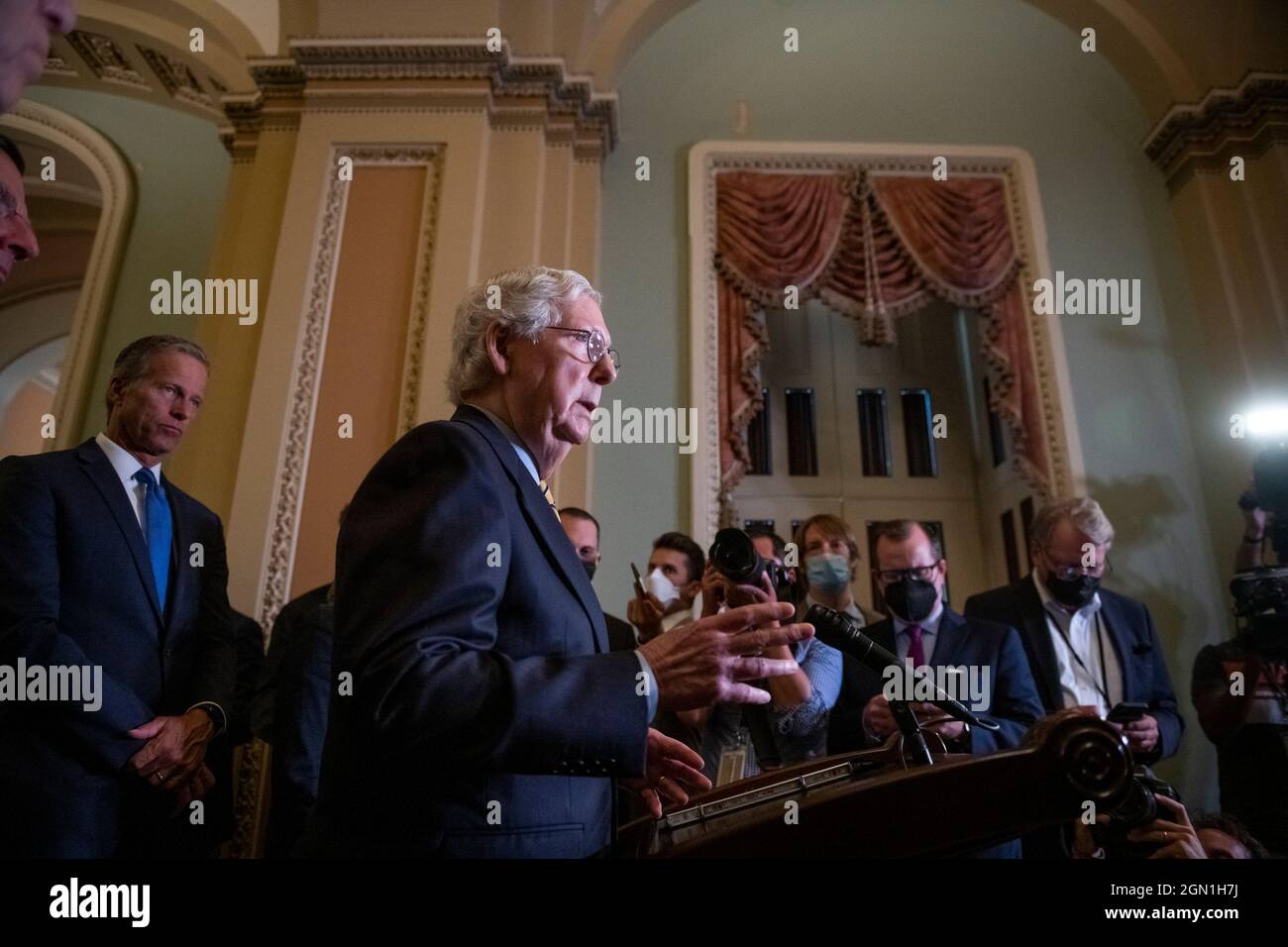 United States Senate Minority Leader Mitch McConnell (Republican of Kentucky) offers remarks at a press conference following the Senate Republican's policy luncheon at the US Capitol in Washington, DC, Tuesday, September 21, 2021. Credit: Rod Lamkey/CNP /MediaPunch Stock Photo