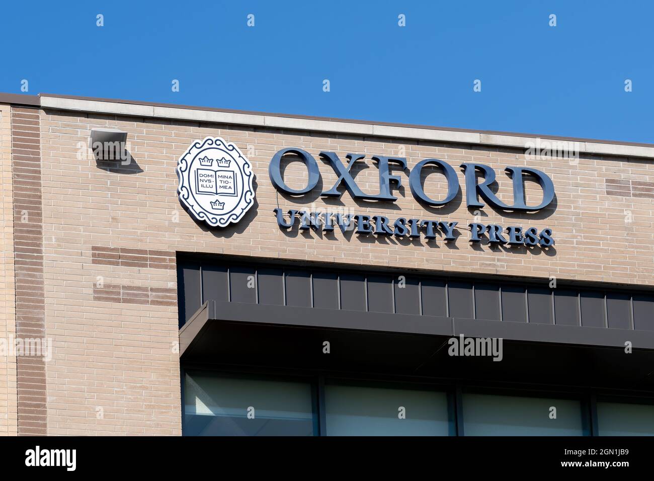 Toronto, Canada - September 7, 2021:  Oxford University Press sign on the building at their Canadian office in Toronto. Stock Photo