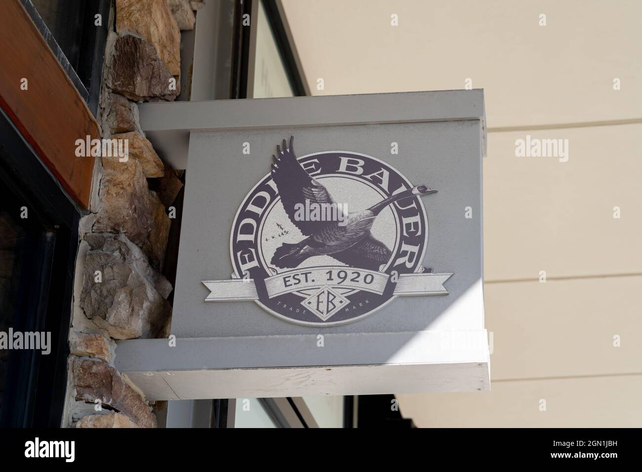 Toronto, Canada September 7, 2021 A close up of Eddie Bauer logo at