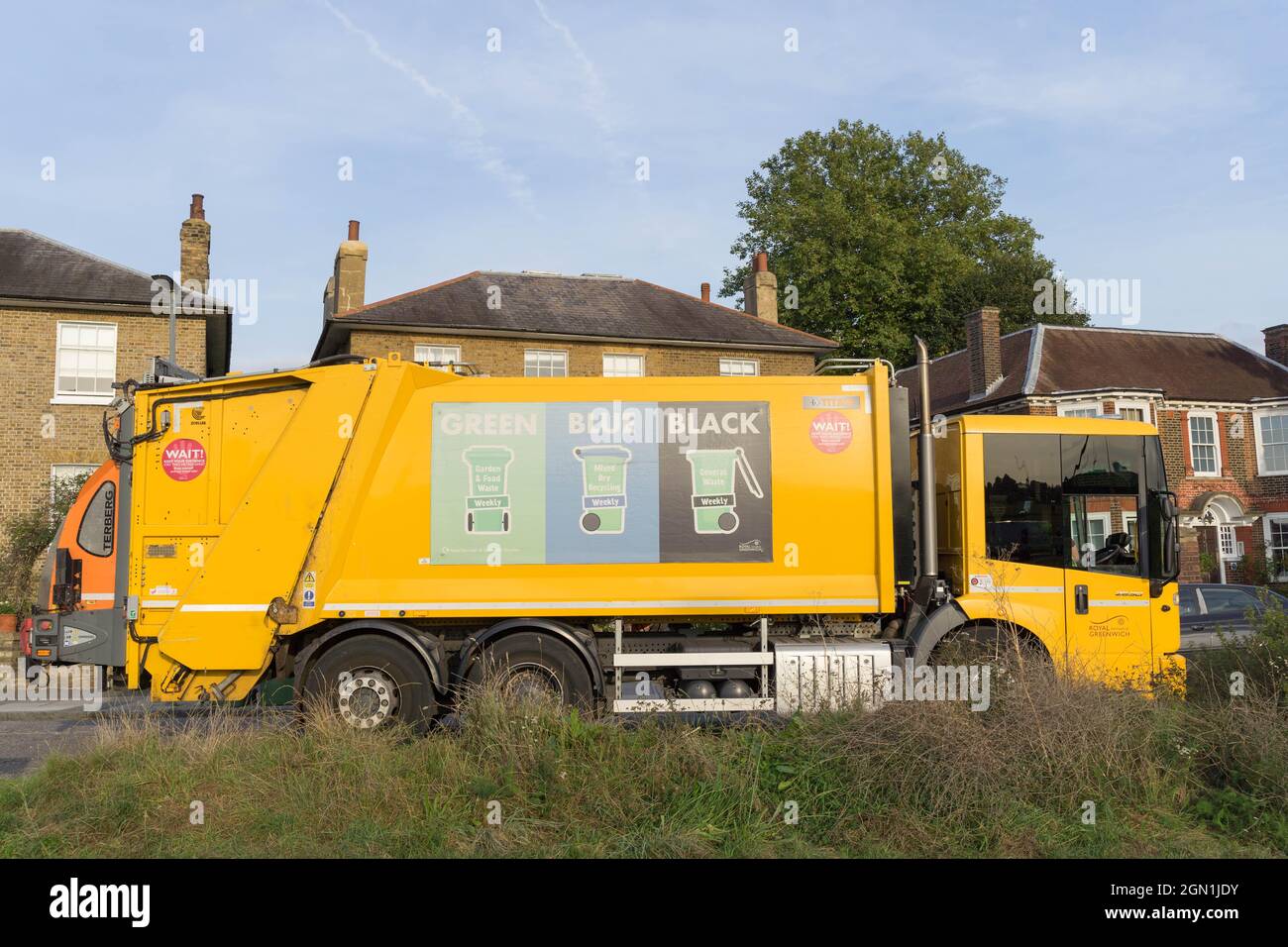 Waste management, recycling truck bin emptying London Greenwich England UK  United kingdom Stock Photo - Alamy