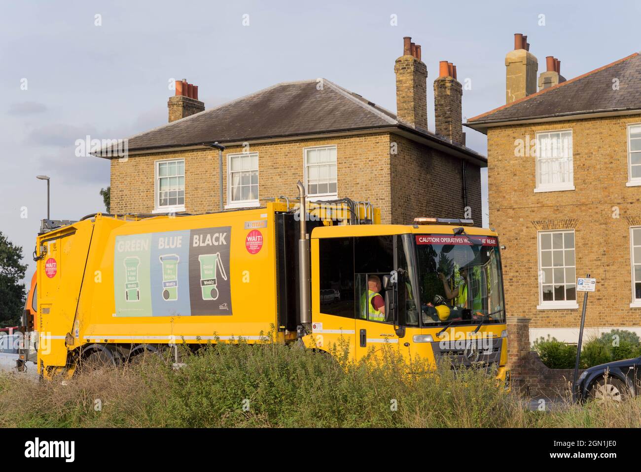 Waste management, recycling truck bin emptying London Greenwich England