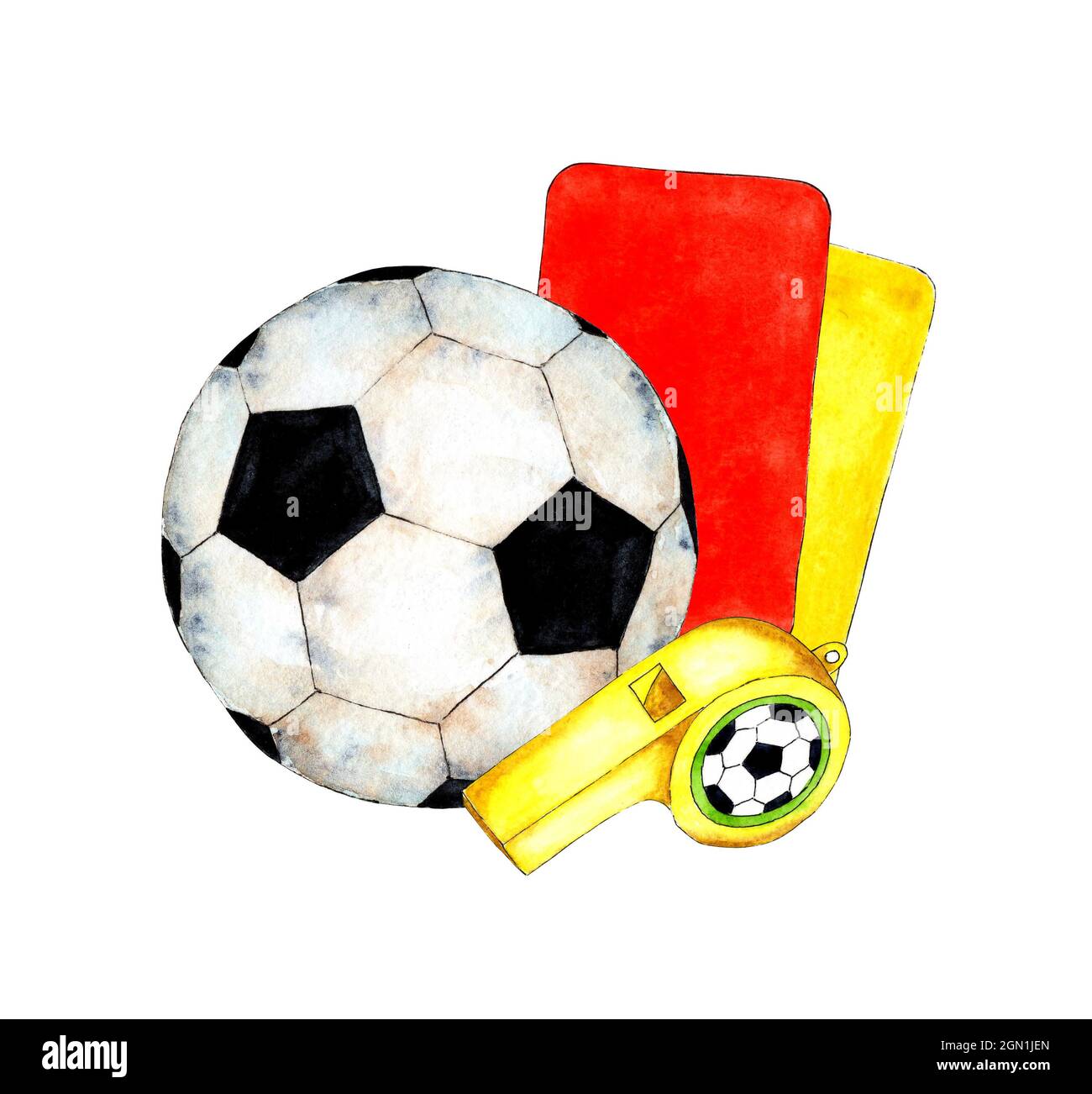 Watercolor illustration of soccer set ball, whistle and referee cards. Sports attributes. Competitions for the world championship in sports. Isolated Stock Photo