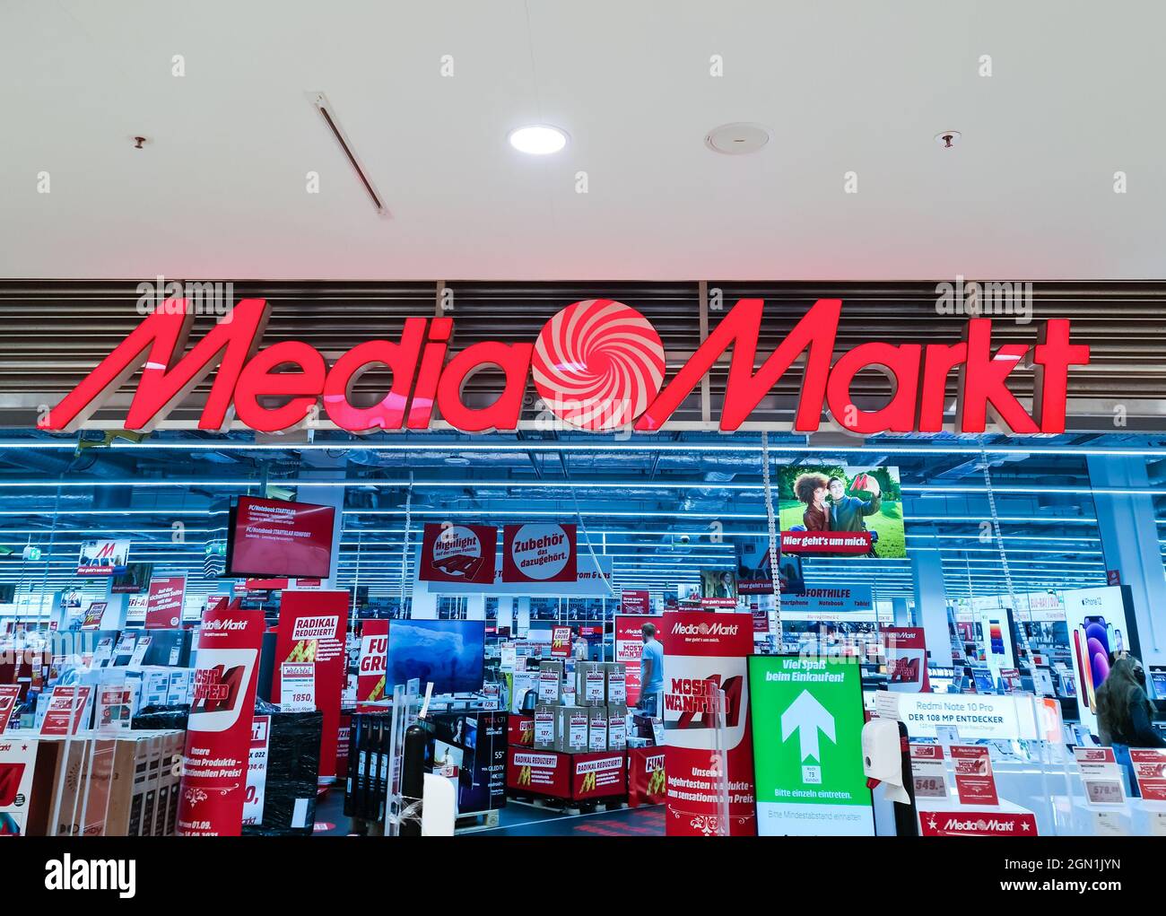 KIEL, GERMANY - Sep 03, 2021: A low-angle shot of the logo of a Media Markt store in Germany Stock Photo