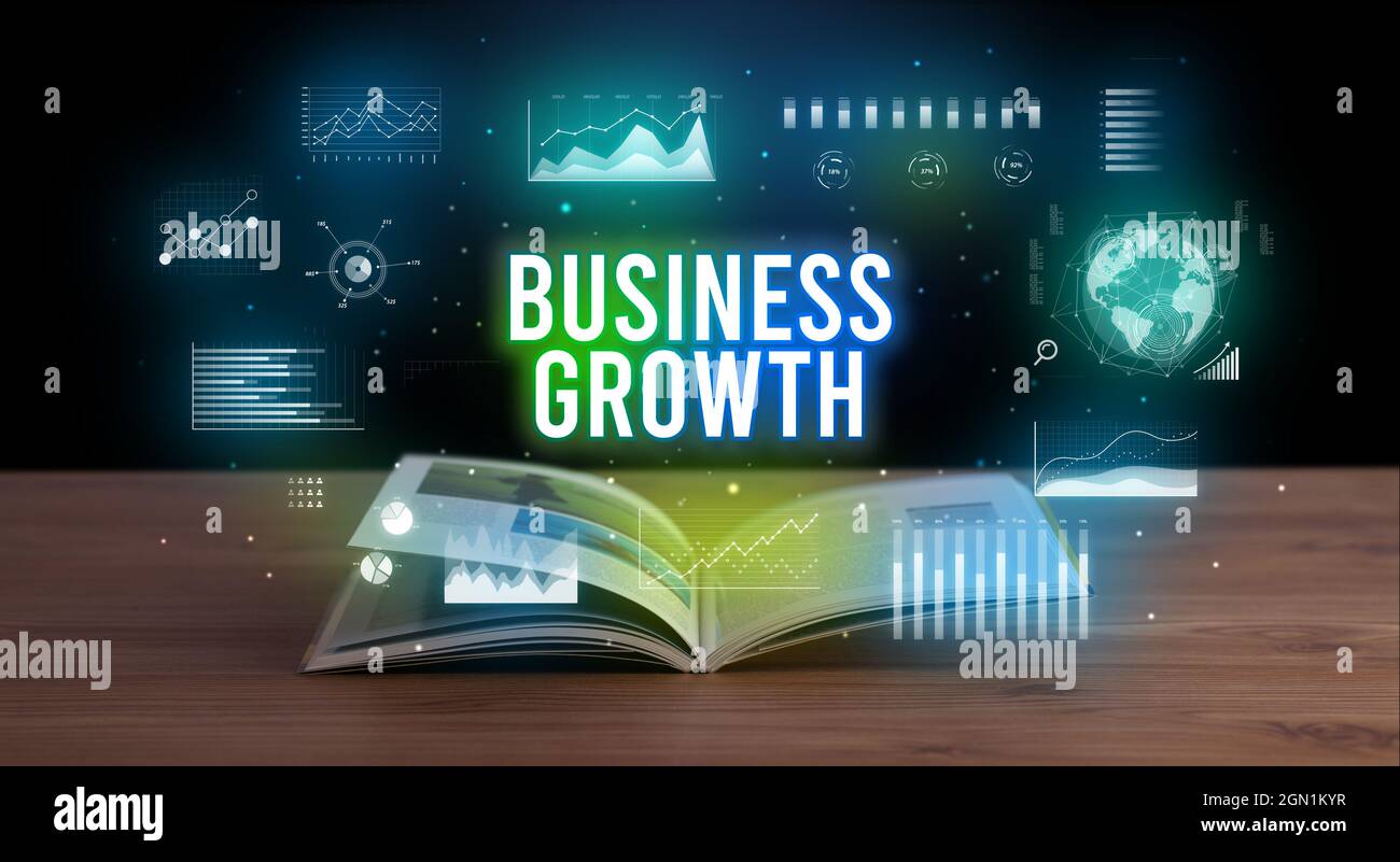 Business Book Inscriptions Examples Business inscription coming out from an open book Stock Photo - Alamy