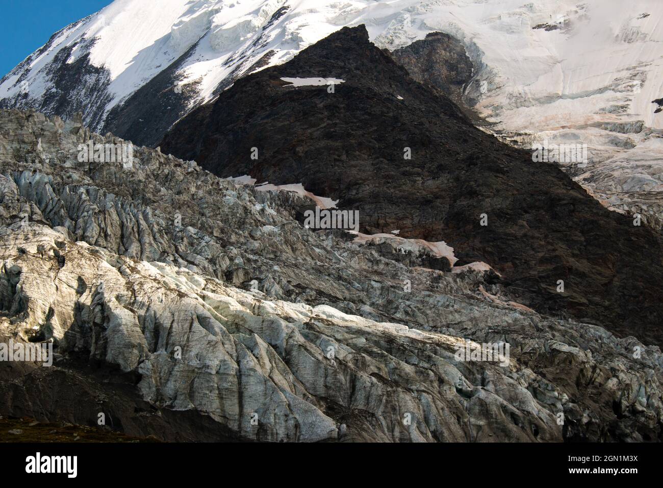 The view of a glacier from the hiking trail to Nid d'Aigle, Massif du Mont Blanc, French Alps, September Stock Photo