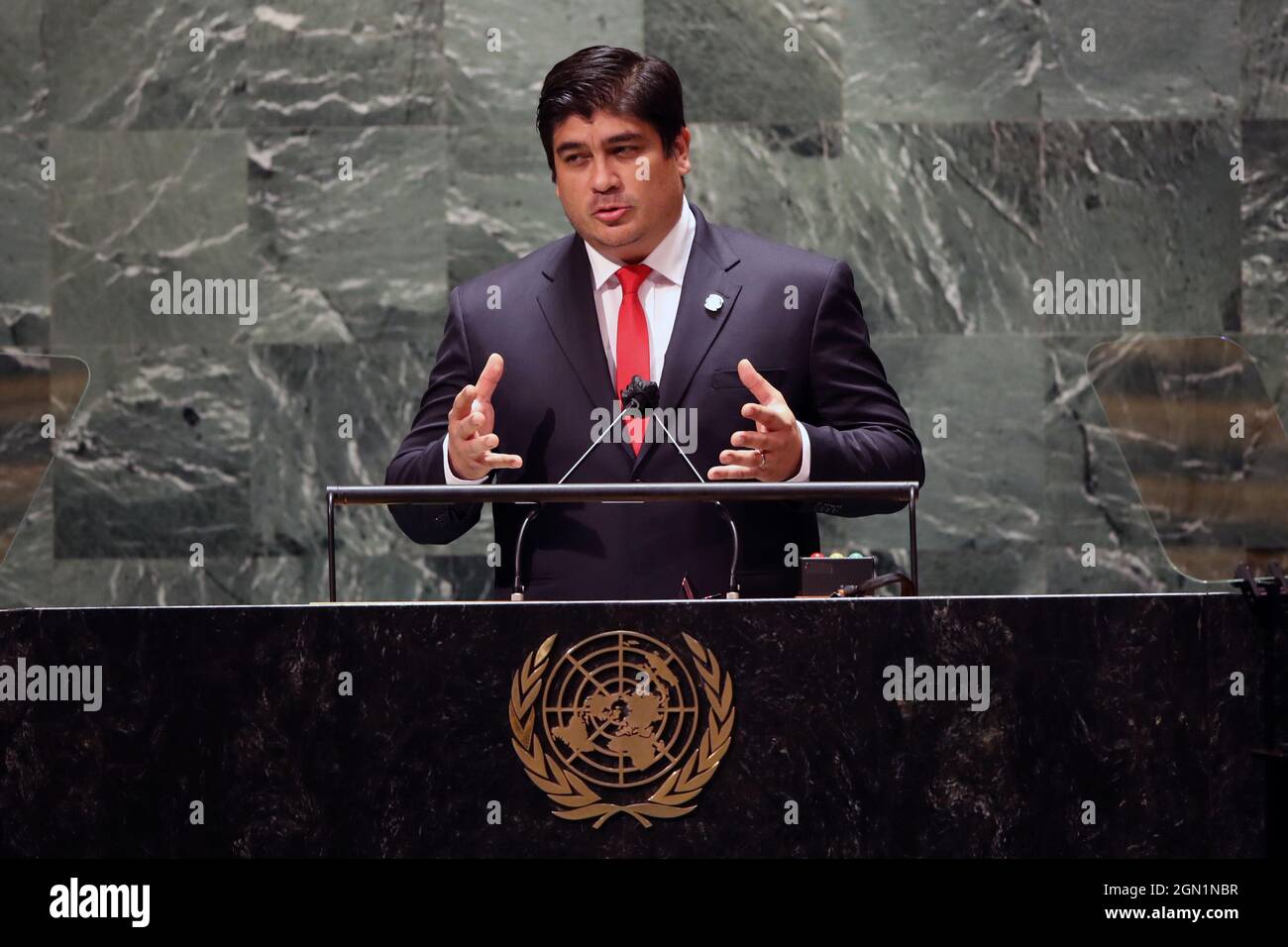 New York, United States. 21st Sep, 2021. The President of Costa Rica Carlos Alvarado Quesada speaks at the 76th Session of the United Nations General Assembly remotely on Tuesday, September 21, 2021 at U.N. headquarters. Pool Photo by Spencer Platt/UPI Credit: UPI/Alamy Live News Stock Photo